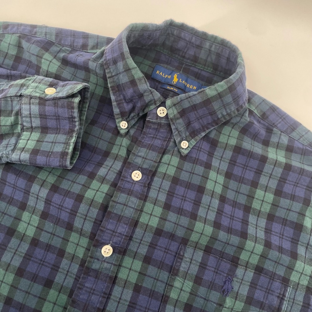 Ralph Lauren Button Down Mens L Green Blue Plaid Slim Fit Black Watch Tartan